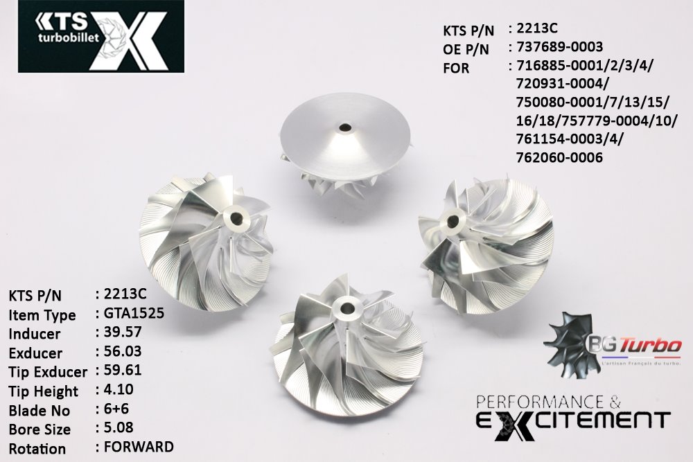 Turbo ROUE FORGÉE MFS PERFORMANCE - 6+6 PALES - INDUCER : 39,57 - EXDUCER : 56,03 - TYPE : GTA15-25ANGLE : 60° - ROTATION : Forward - SUPER BACK : 3,68 - BORE SIZE : 5,08
